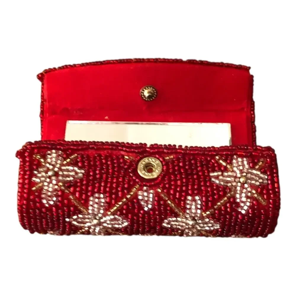 Vintage Beaded Lipstick Case Holders Lot 2 Red Black Floral Mirrors Evening Bag